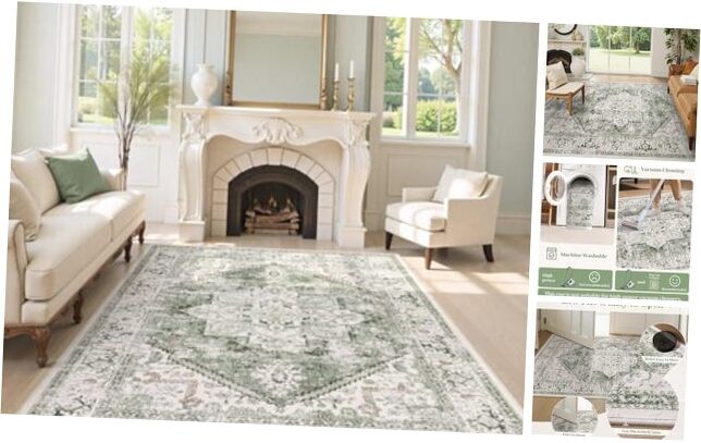 Washable Area Rug 8x10 - Large Vintage Tribal Living 8 x 10 ft Medallion Sage