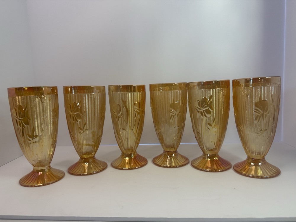 Vintage Marigold Carnival Glass Iris Footed Tumblers Set of 6