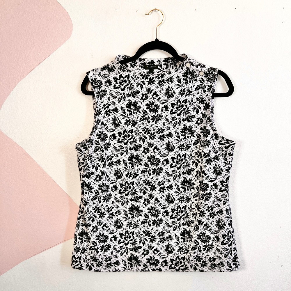 Talbots Tank Top Sz Large White Black Floral Sleeveless Casual Workwear