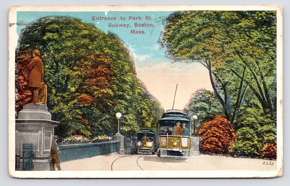 c1915 Subway Entrance Public Garden to Park Street Trolley Boston Mass Postcard