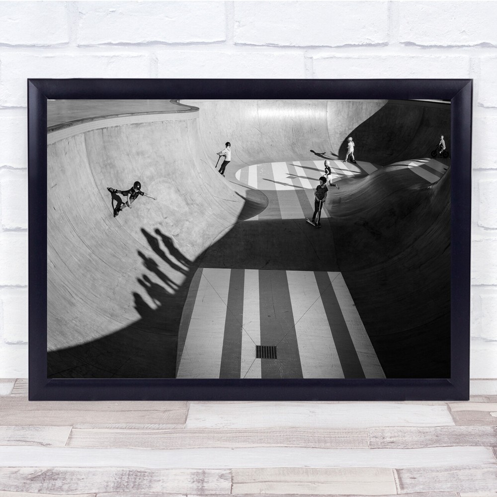 Black White Skatepark Scooter Shadows Wall Art Print