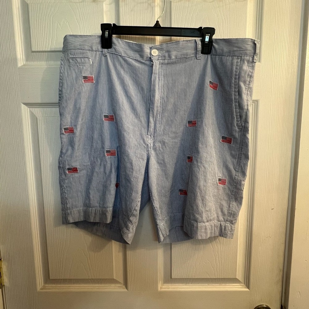 Tackle & Tides Mens Blue White Seersucker American Flag Embroidered Shorts Sz 42