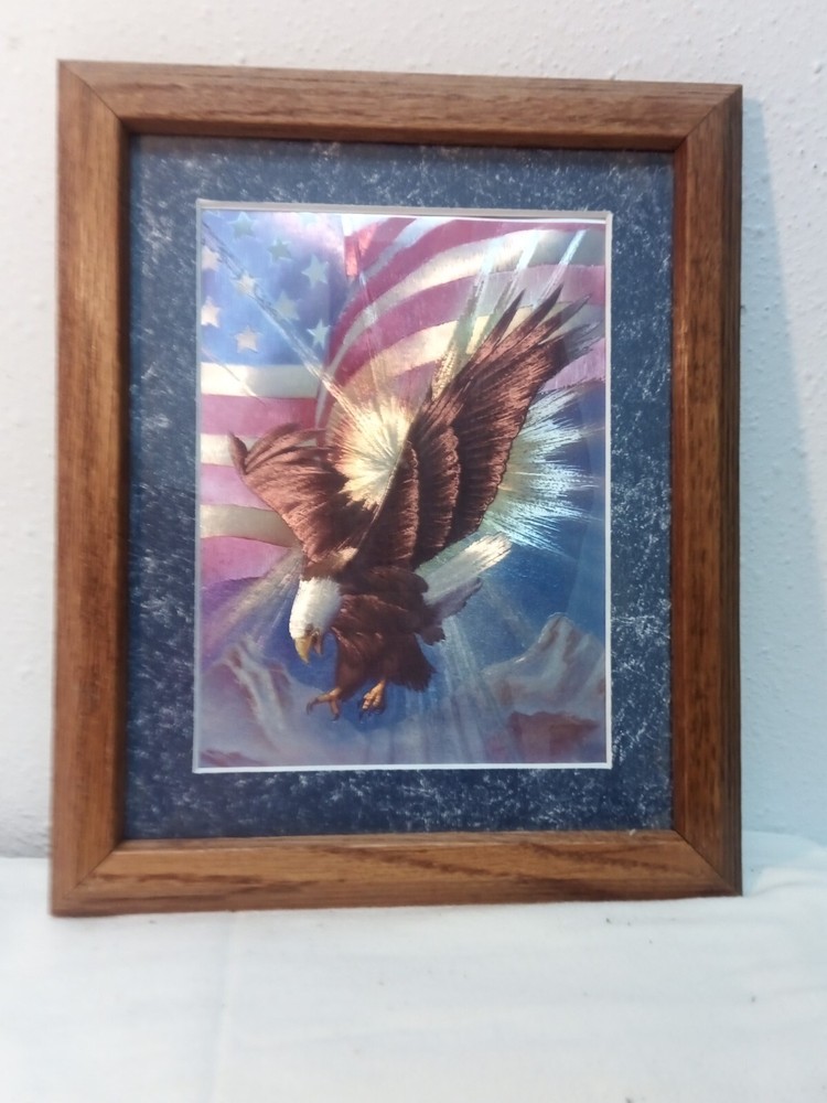 Vintage 10 X 12 Framed Foil Art Patriotic Bald Eagle over American Flag