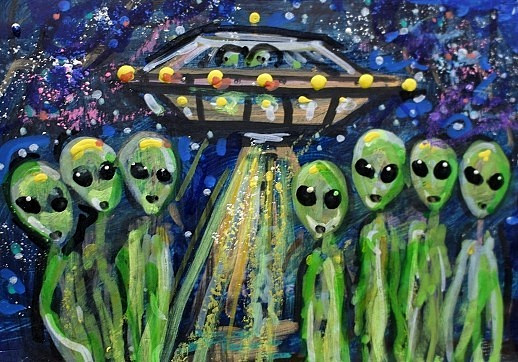 Original ACEO Painting ALIEN Spaceship Stars ET Martian Universe UFO ATC ART