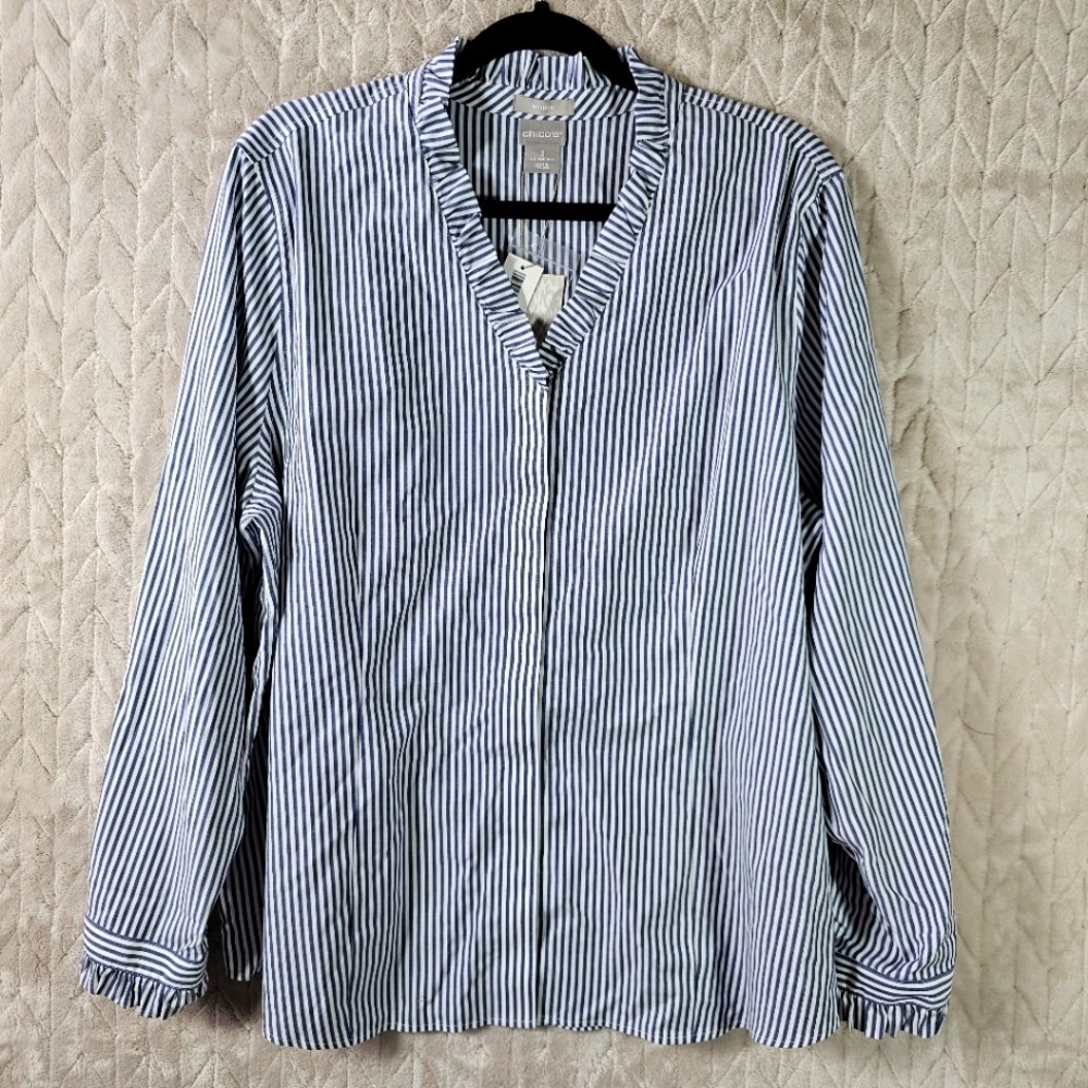 Chicos Easy Cotton Ruffle Button Up Shirt Womens 16/18 Striped Nautical Peasant