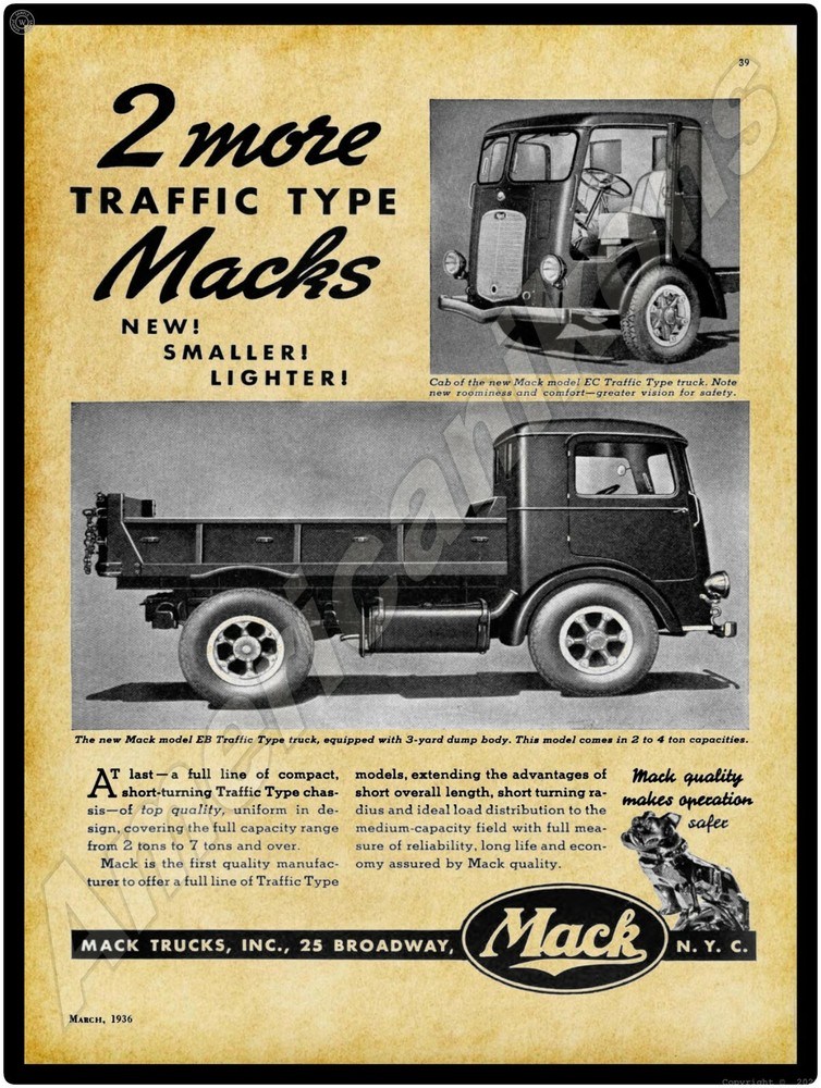 1936 Mack Trucks New Metal Sign: Model EC & EB Cab over Engine Models Pictured