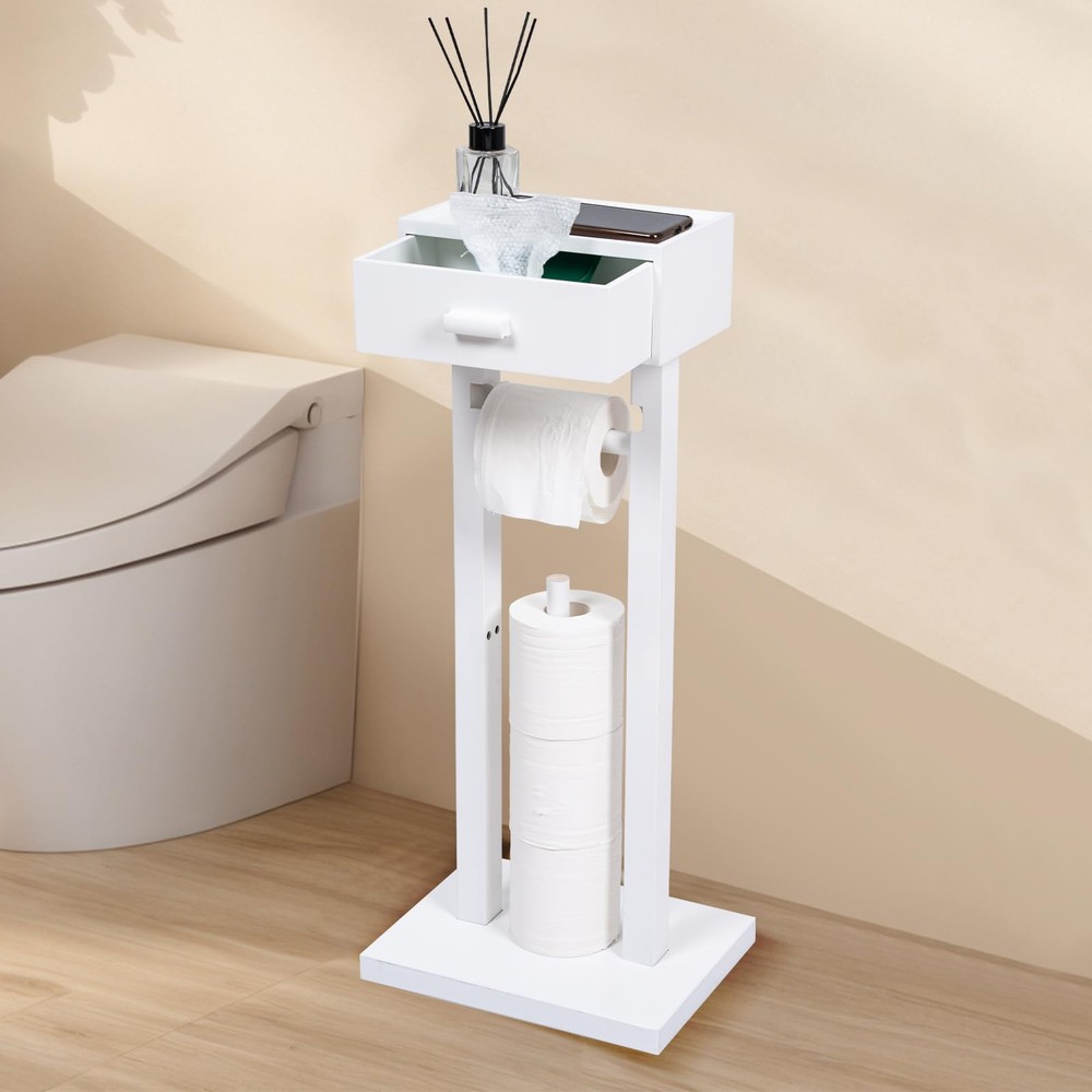 Free Standing Toilet Paper Holder with Storage Drawer,White Toilet Paper Hold...