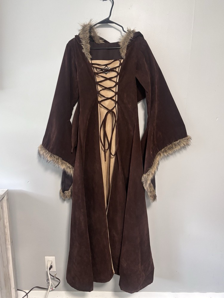 Women’s Renaissance Medieval Hooded Dress Costume Faux Fur Brown Tan