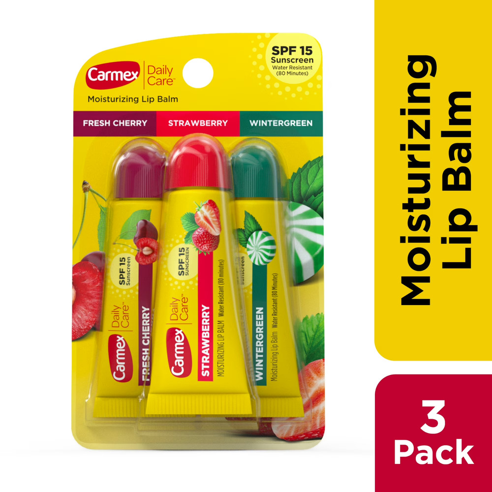 Carmex Daily Care Moisturizing Lip Balm Tubes, SPF 15, Multi-Flavor Lip Balm, 3