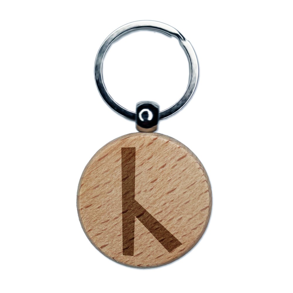 Norse Viking Dwarven Rune Letter C Engraved Wood Round Keychain Tag Charm