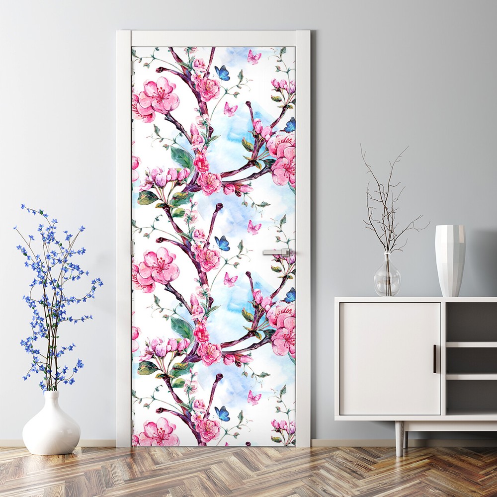 Adhesive Door sticker Flowers of apricot tree Branches Colourful Watercolour