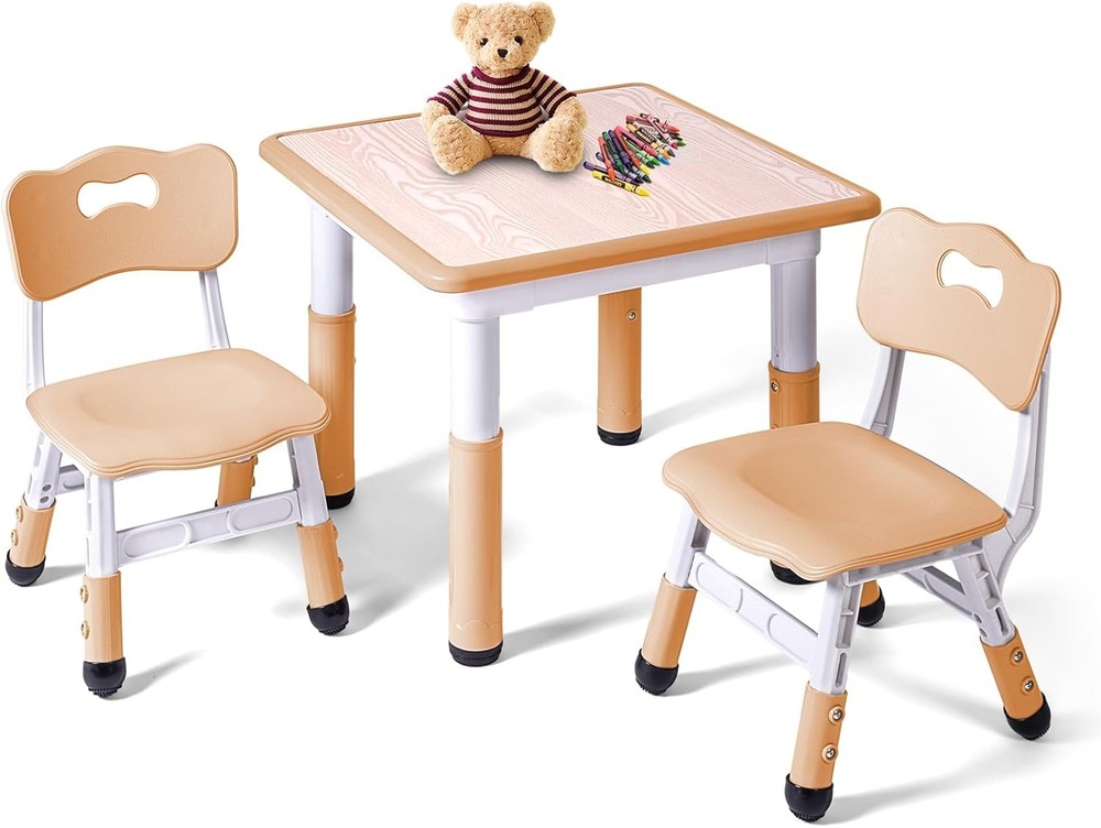 Adjustable Beige Kids Table and 2 Chairs Set for Toddler Study