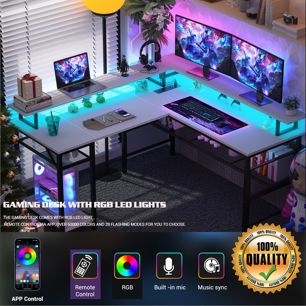 L Shaped Gaming Desk Reversible Corner Computer Desk with Power Outlet&Led Strip