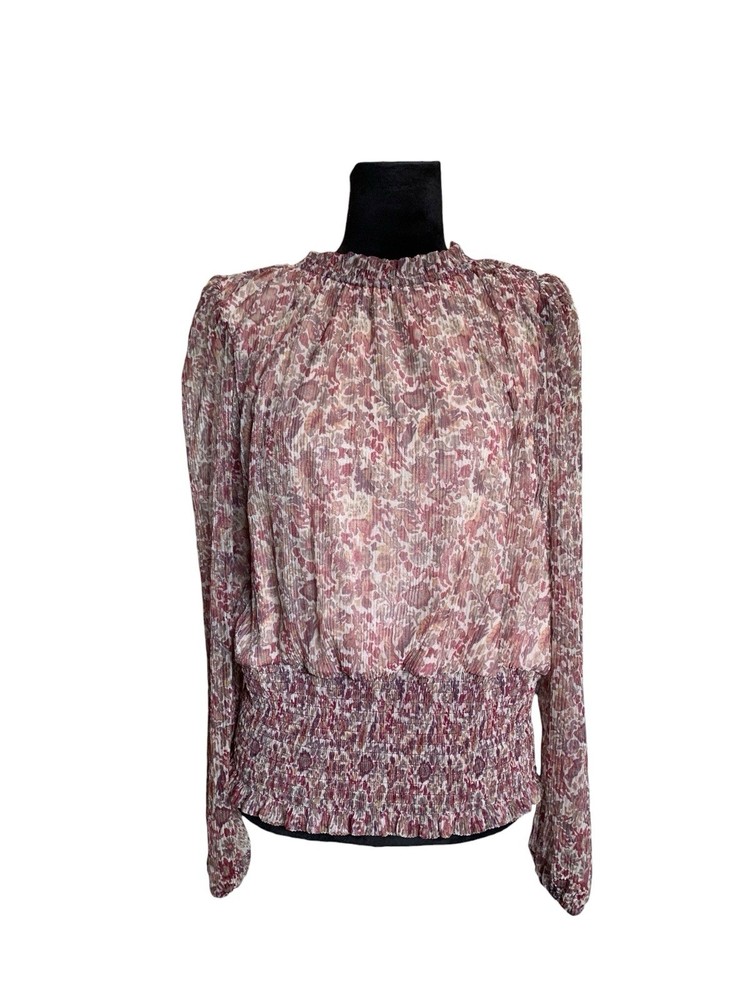 JOIE Size L Floral Chiffon Metallic Long Balloon Sleeve Stretch Blouse Ruffles