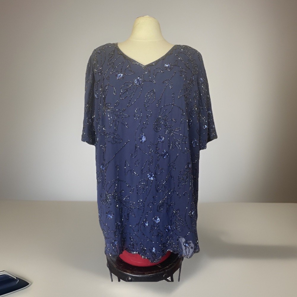 Roamans 1X Navy Blue Beaded Sequin Short Sleeve Lined Dress EUC