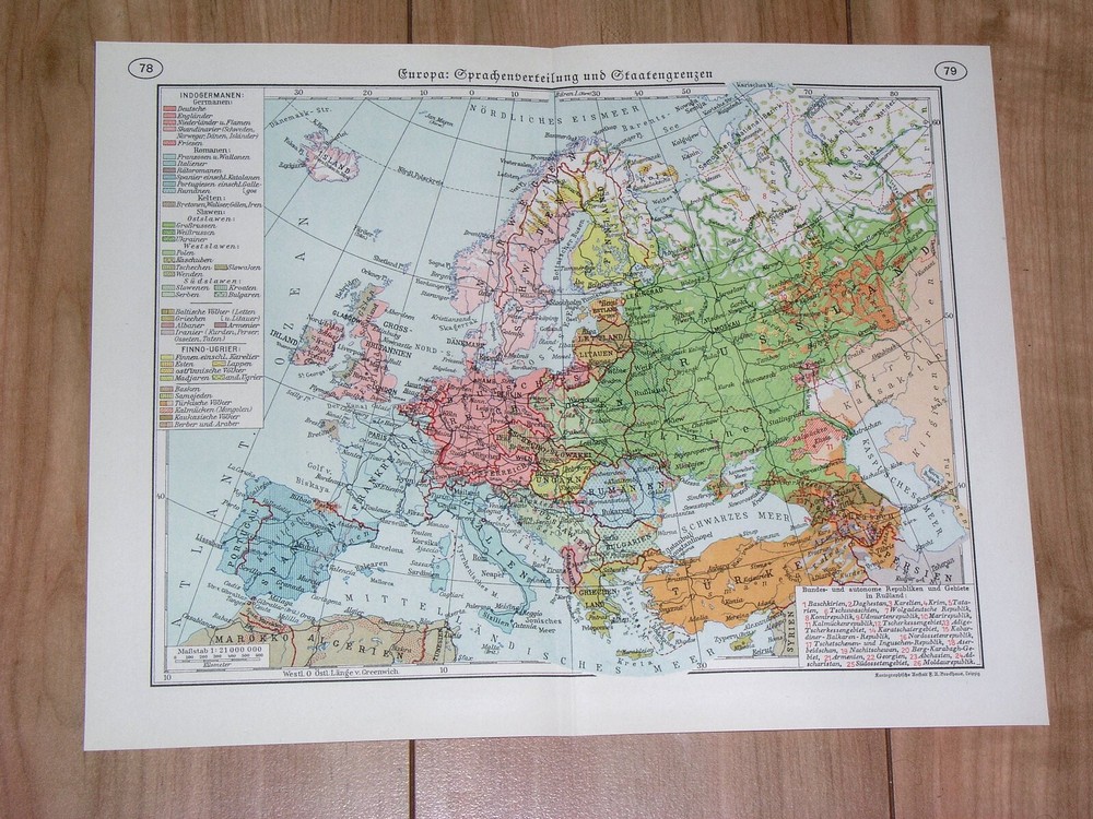 1937 Vintage Liguistic Map Of Europe Languages Germany Poland Volga Germans
