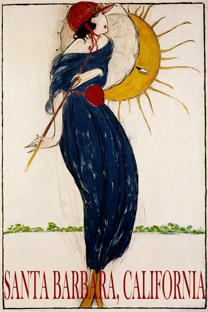 Vintage Summer Santa Barbara Sun Flirting Woman Umbrella Poster Reproduction Free Shipping