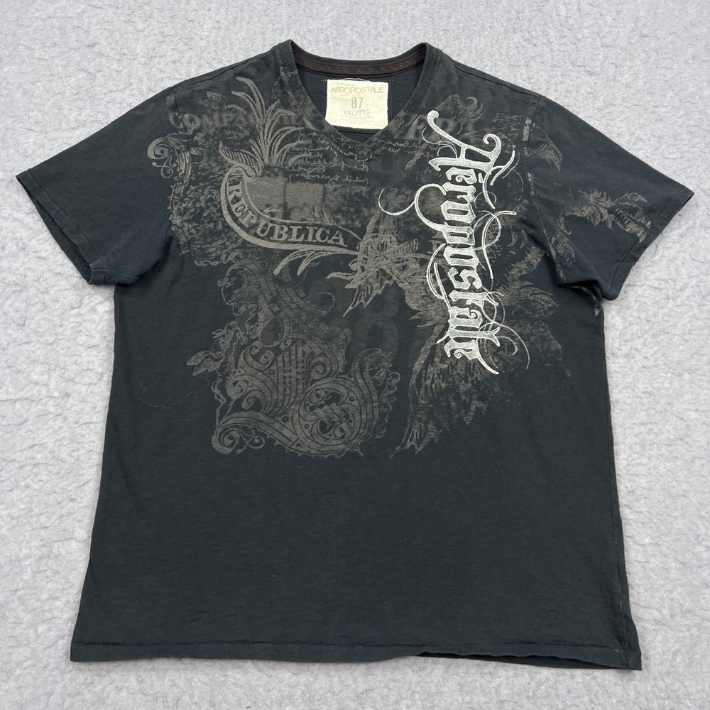Aeropostale Shirt Men's XXL Black Y2K Single Stitch V-Neck 00s Street Skater Tee