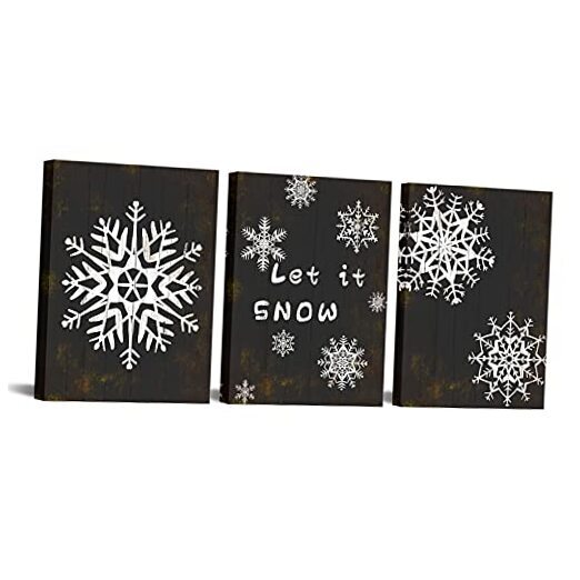 3 Piece Canvas Wall Art Snowflake with Let It Snow Prints Artwork Rustic