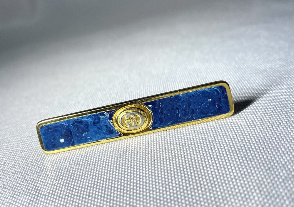 Auth Gucci Tie Pin Interlocking GG Logo x Blue Marble x Gold Tie Clip Tie Bar