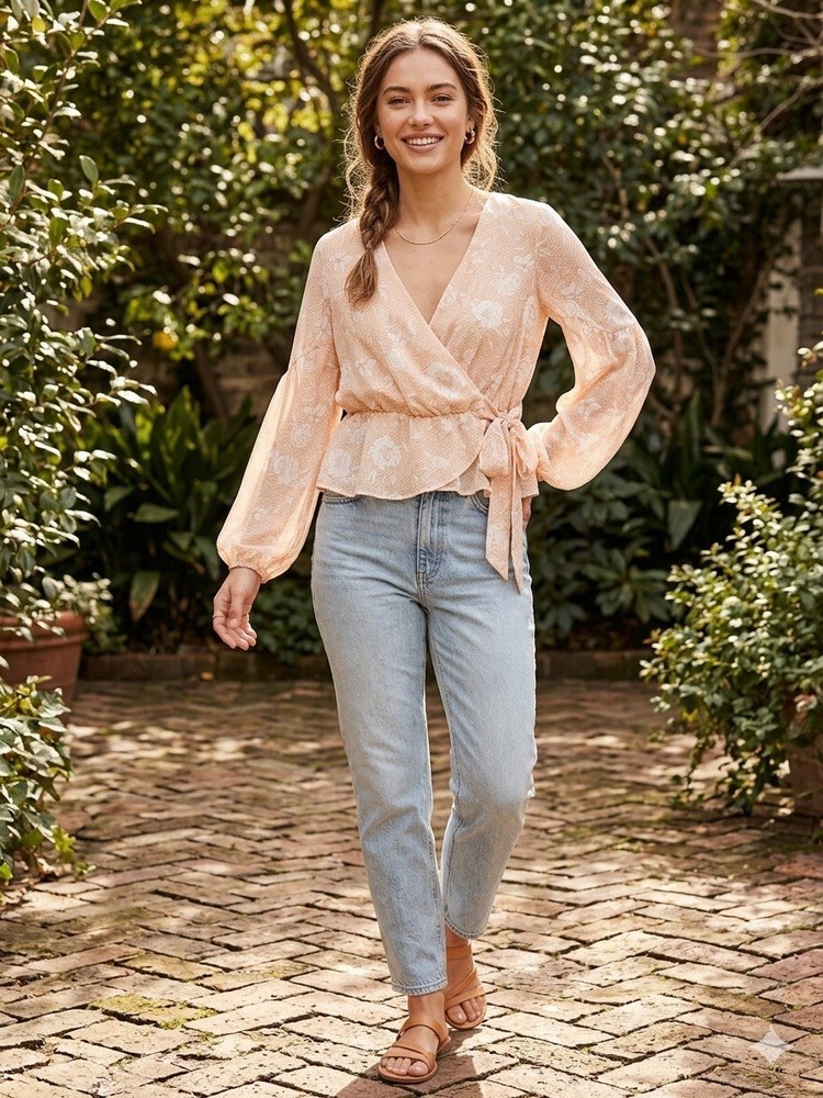 Express Pink White Floral V-Neck Wrap Tie Ruffle Puff Long Sleeve Blouse M