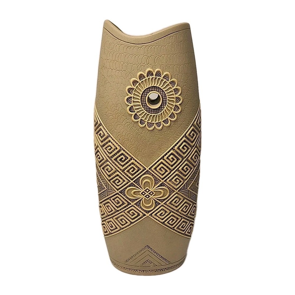 Hand-Crafted MCM Floral Scroll Etched Clay Vase 11.5 Inch Mid Century Decor