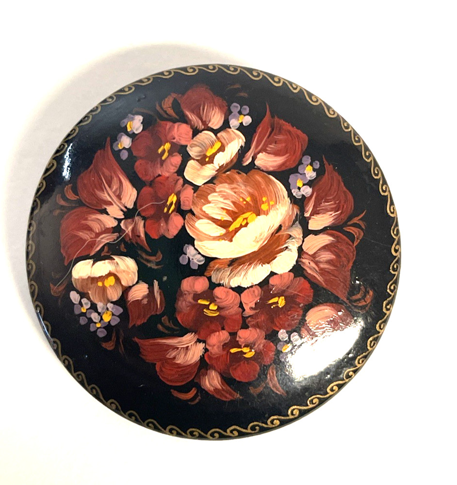 Vintage Russian Hand Painted Lacquered Signed Brooch Flowers Black Colorful