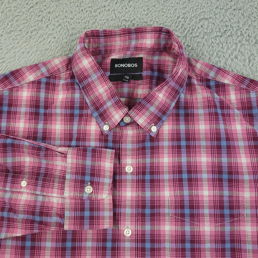 Bonobos Shirt Mens 2XL Slim Fit Pink Blue Plaid Button Down Long Sleeve Casual