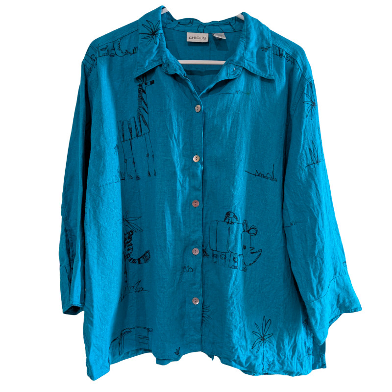 Chico's Women's Animal Print Linen Shirt, Size 2, Blue, 3/4 Sleeves, Button Down