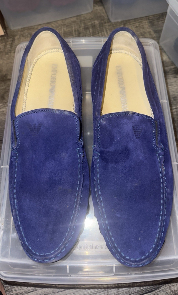 Emporio Armani Men's Blue Suede Slip-On Loafers Logo Accent Round Toe Sz 12