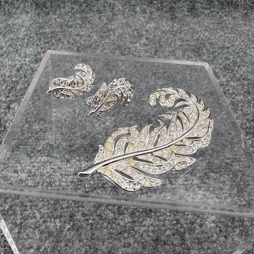 Monet Silver Rhinestones Yellow Leaf Feather Brooch Pin & Clip On Earring Set