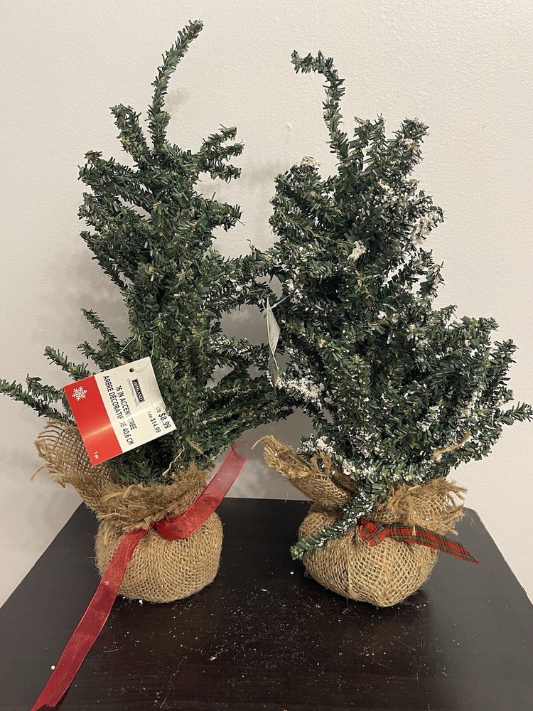 2 Ashland Artificial 16” Christmas Accent Trees 1 Frosted Tip Both With Tag NOS-image