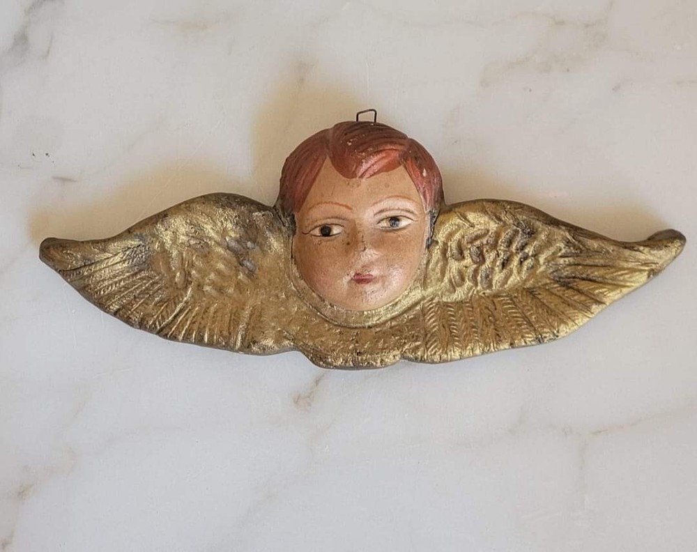 Vtg Antique Redhead Wall Putti Cherub Angel Carved Plaster Gold Leaf Wings