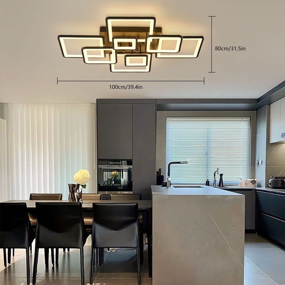 Modern LED Square Ceiling Light Dining Room Dimmable Chandelier W/Remote Control