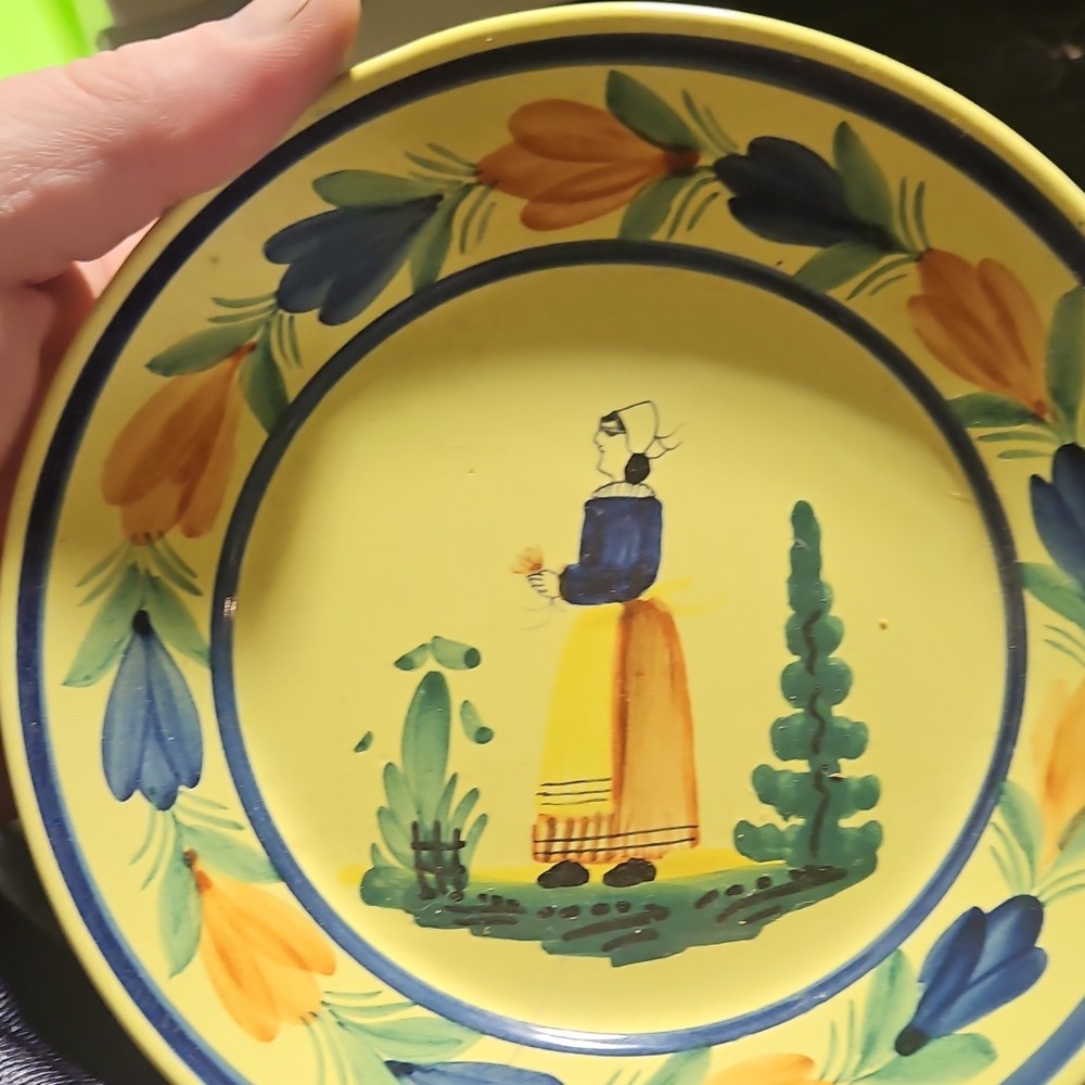 Quimper Hand Painted Faience Pottery Plate Breton Floral & Figure France