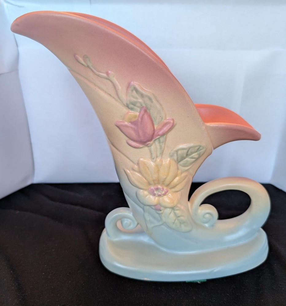 Vintage Hull Pottery Magnolia Cornucopia Pink & Blue Floral Vase 19-8 1/2