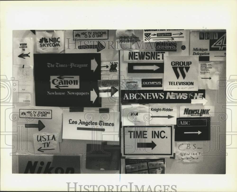 1988 Press Photo Various media signs at Democratic National Convention, Atlanta