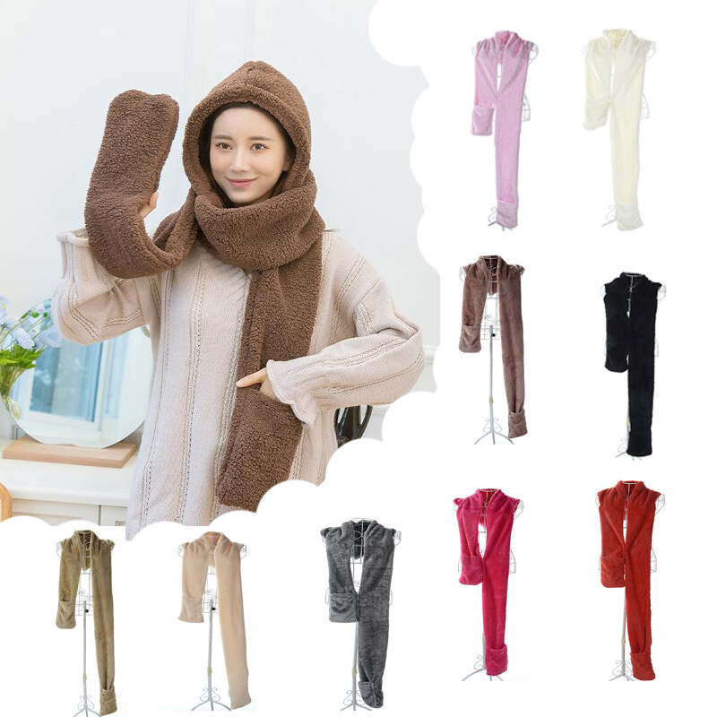 Women Long Winter Plush Warm Hooded Cute Scarf Pocket Gloves Hats 3 In 1 NEW US