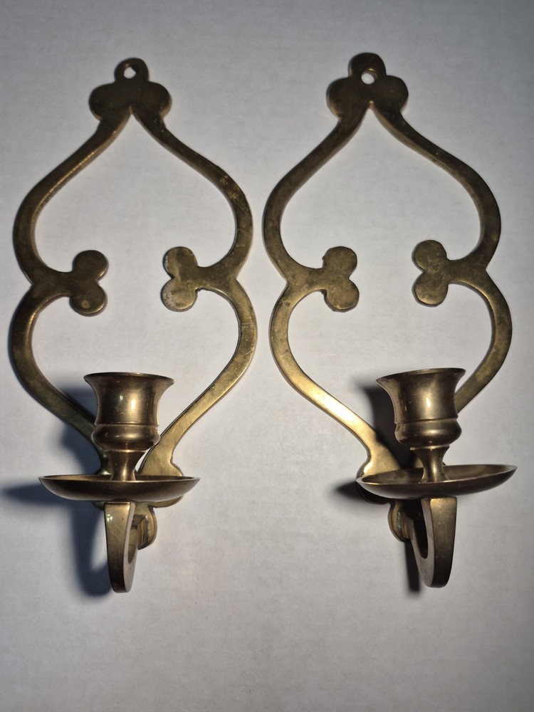 Vintage Brass Wall Sconce Candle Holder Pair Hollywood Regency Pierced Openwork