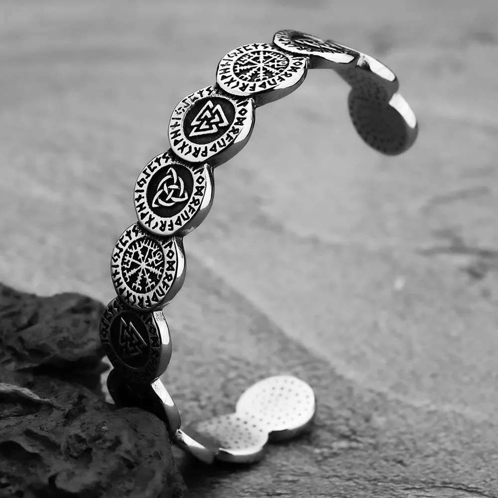 Viking Rune Stainless Steel Cuff Bracelet Norse Mythology Jewelry