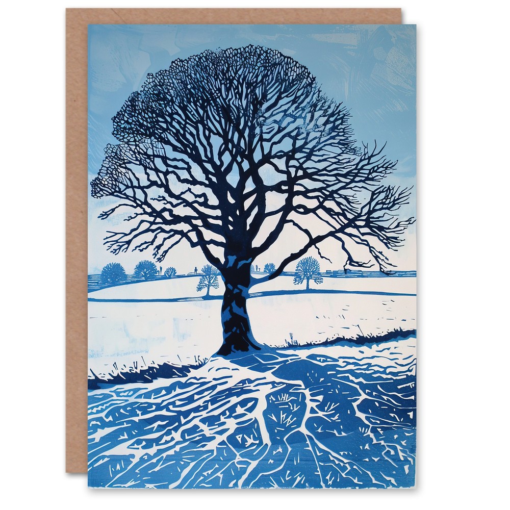 Greeting Card Winter Oak Tree Silhouette Snow Field Landscape Blank Birthday