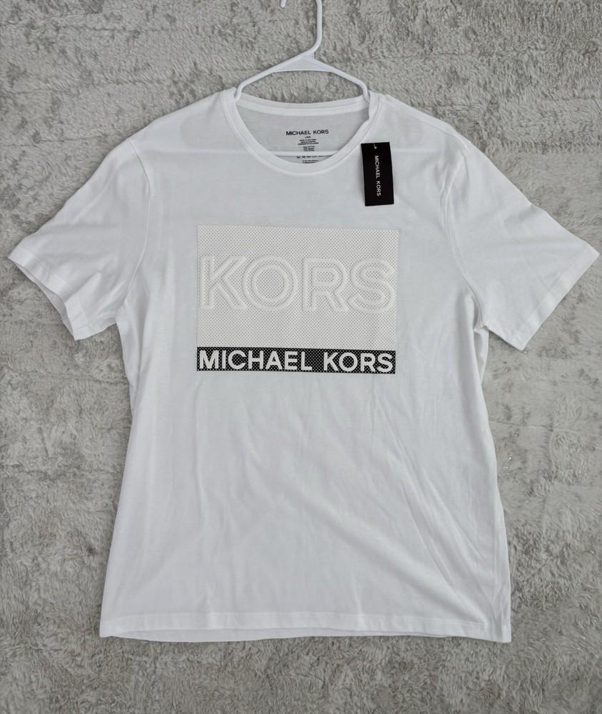 Michael Kors T-Shirt Mens Large White Logo Graphic Tee NWT Cotton Short Sleeve