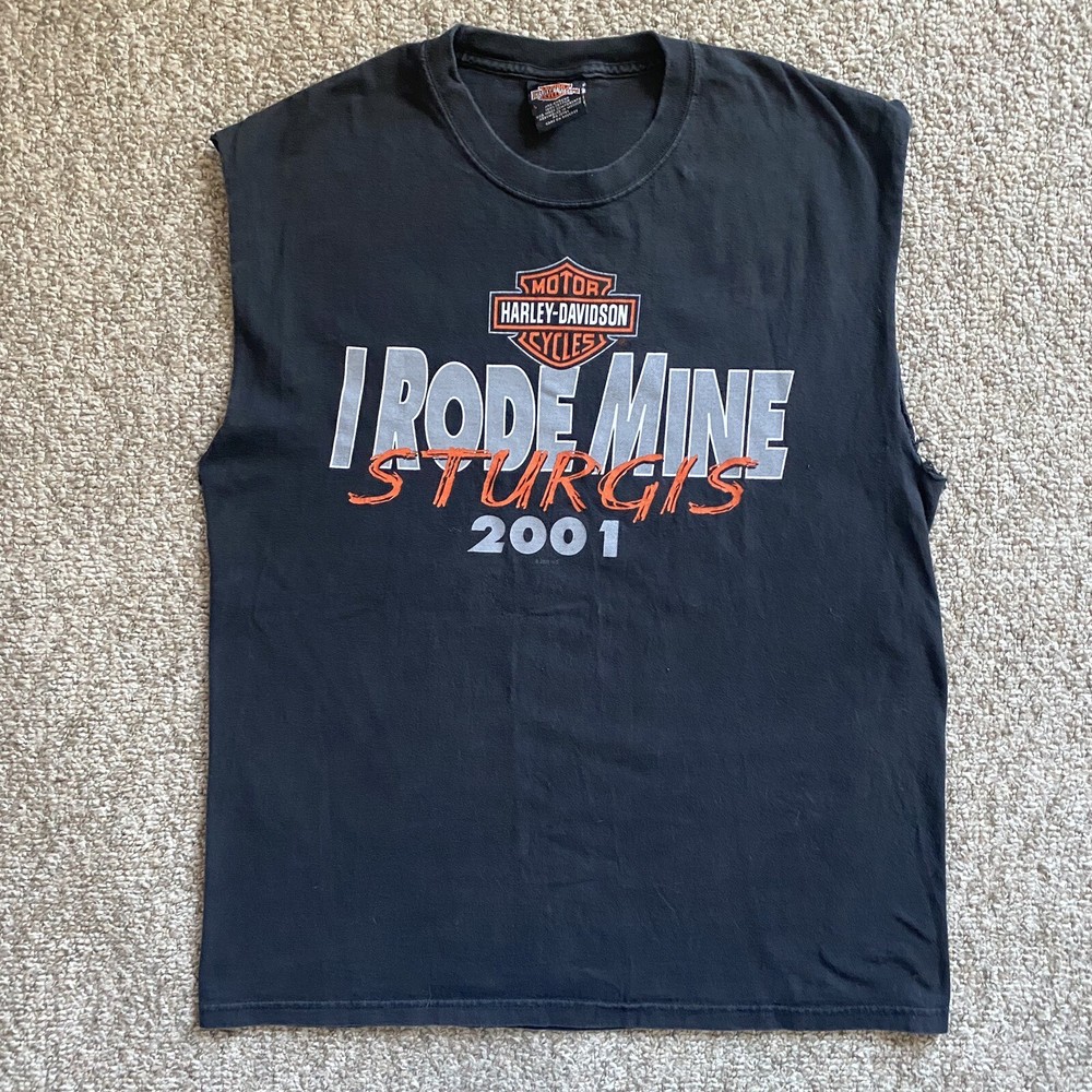 Harley Davidson T Shirt Mens Large L Black Cut Sleeves Sturgis 2001 Vintage Fade