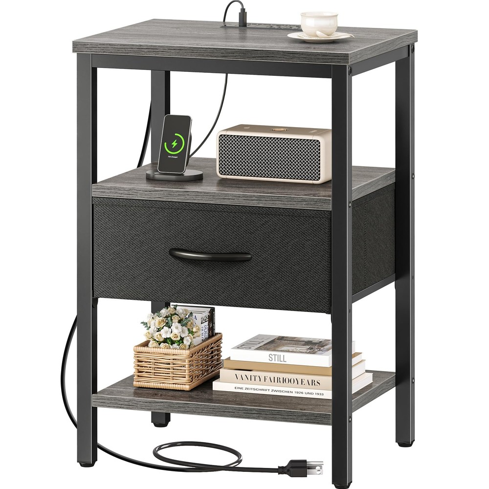 Nightstand with USB Charging Station and Adjustable Fabric Drawer for Bedroom Storage