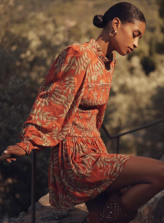 Farm Rio x Anthropologie Long-Sleeve Printed Mini Dress Smocked Vacation Sz XS