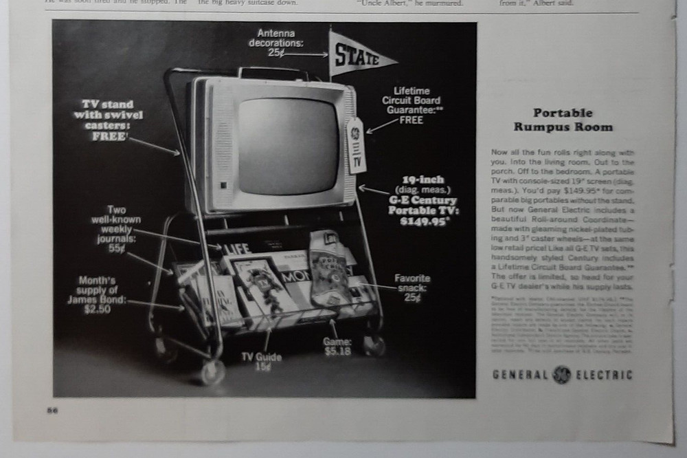 1964 General Electric Vintage Print Ad Century Portable Television Rumpus Room