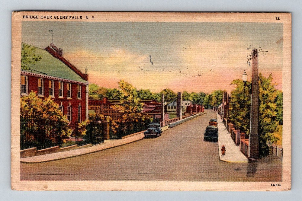 Glens Falls, NY-New York, Bridge Over Glens Falls Street Vintage c1942 Postcard