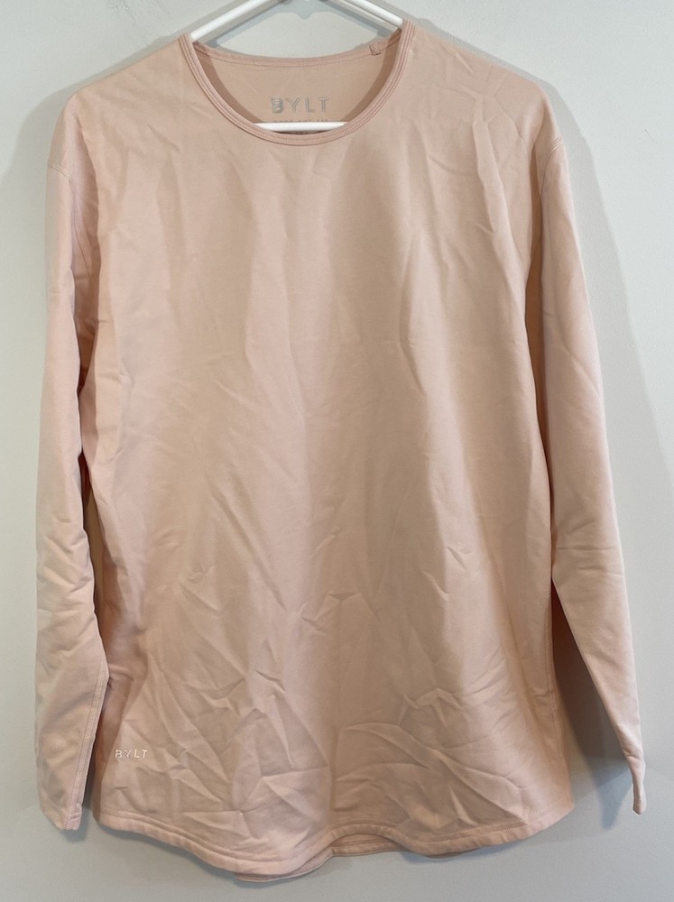 BYLT Drop Cut Lux T-Shirt Mens Medium pink Stretch Long Sleeve Crew Neck Logo