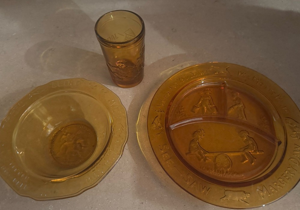 Tiara Indiana Glass Amber Nursery Rhyme Plates Glass Bowl Plate Set