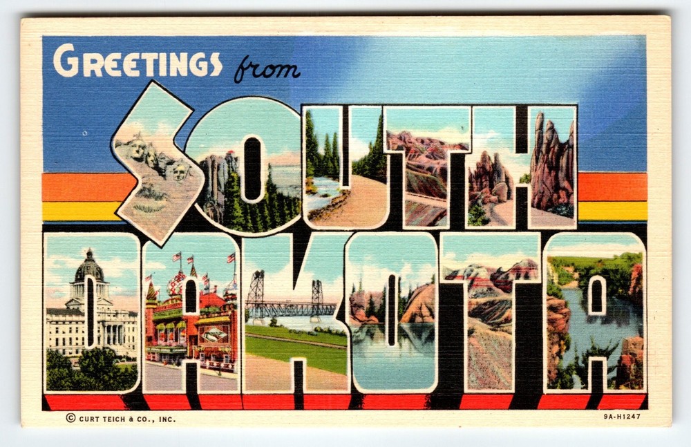 Greetings From South Dakota Large Letter Postcard Linen Curt Teich Vintage